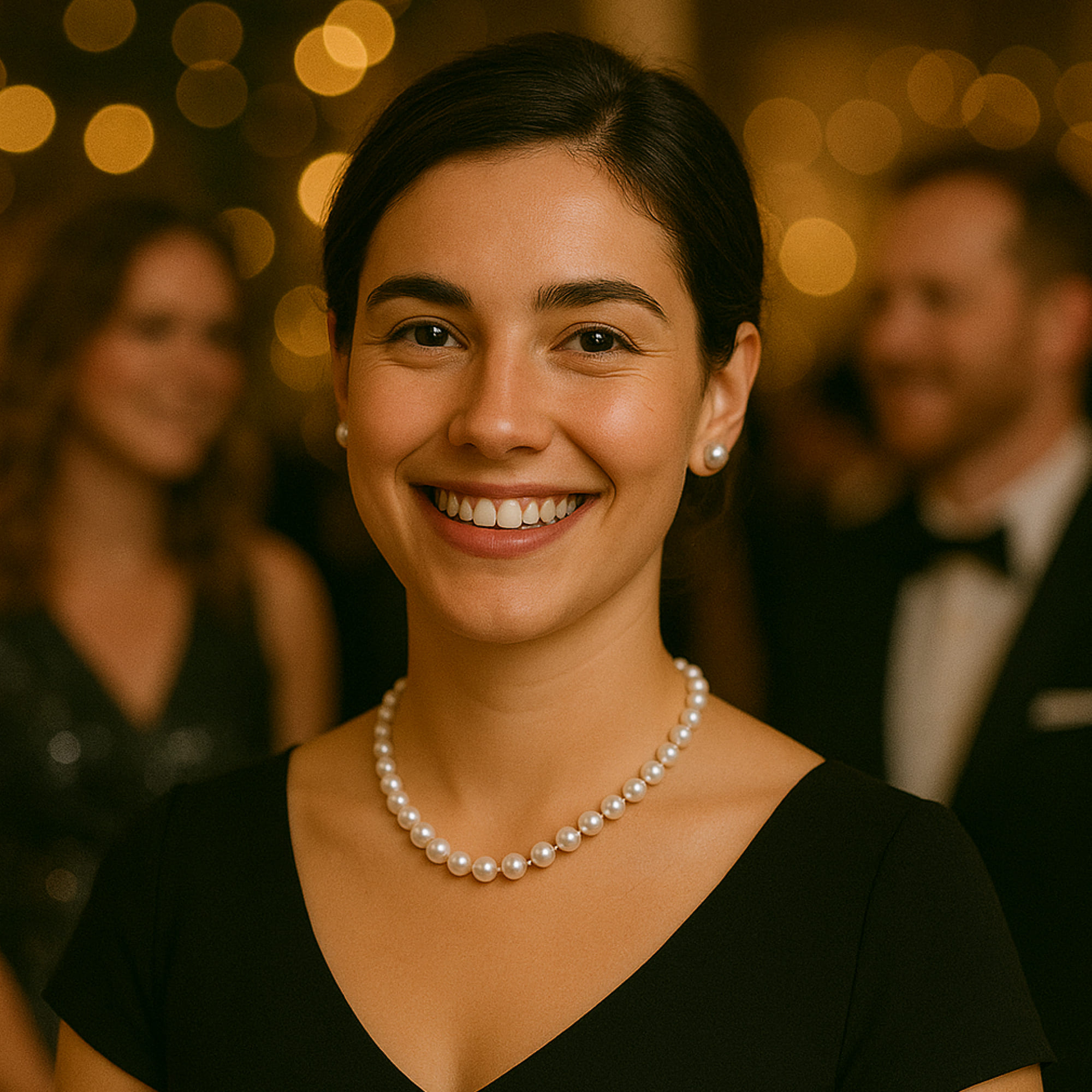 Colier cu Perle Albe 7–8 mm, la Baza Gâtului, Închizătoare Aur, Vedere Frontală, Rochie Neagră de Gală